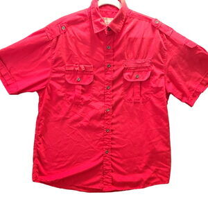 Old Skool Mens Button Up Shirt Red SIze Large Cotton Blend Short Sleeve Pocket